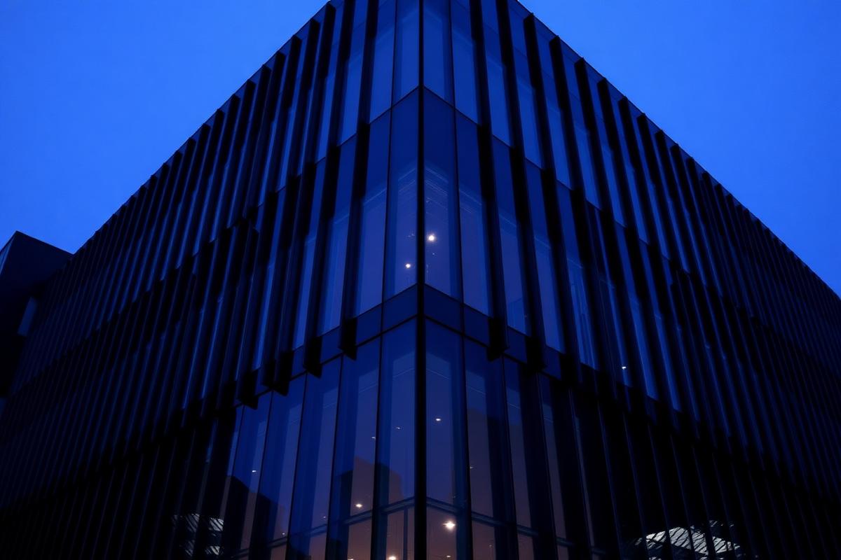 Modern minimalist corporate architecture at dusk